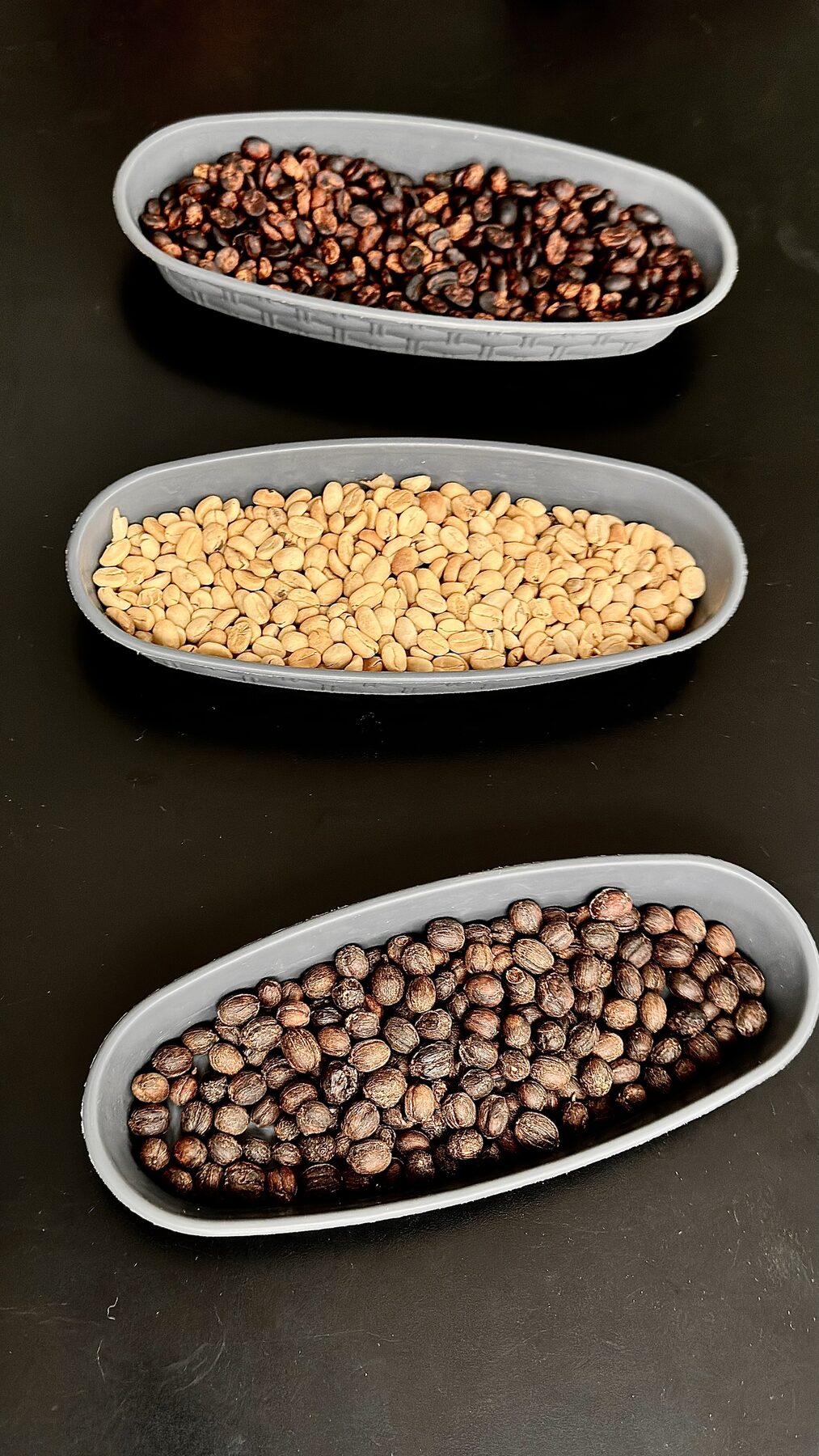 Bandejas con café pergamino, cereza seca y grano tostado
